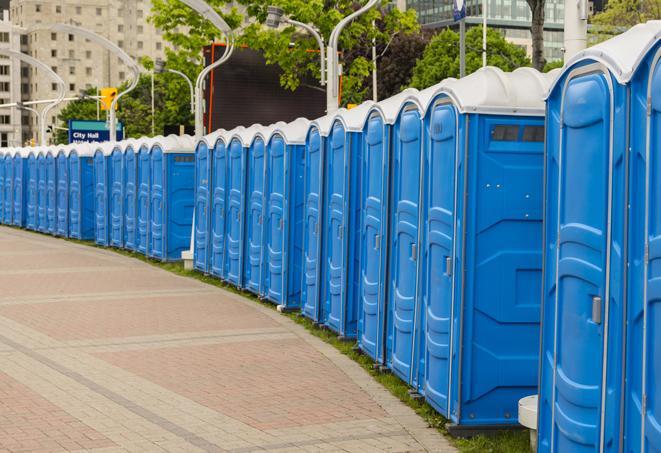 a line of portable restrooms at an outdoor wedding, catering to guests with style and comfort in Erie CO